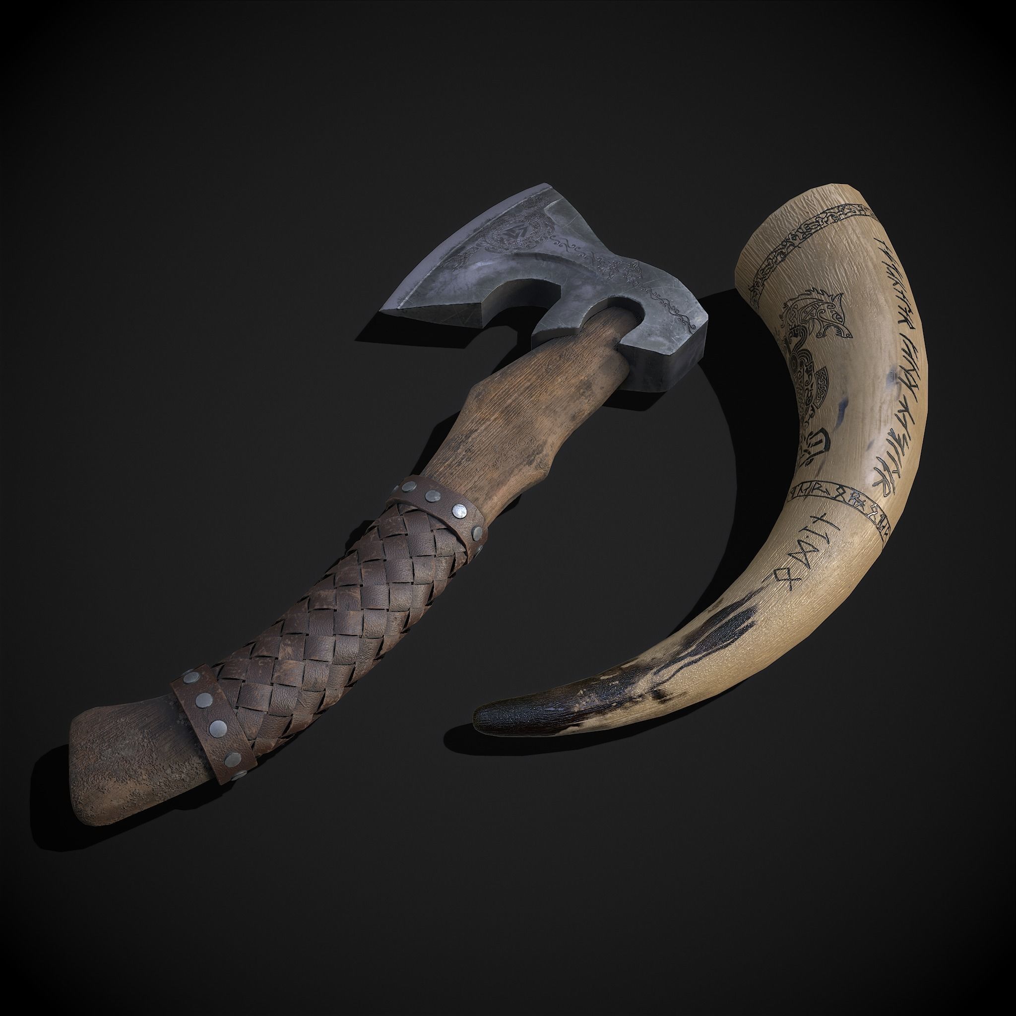 Viking Horn and Axe 3D Model Collection_11