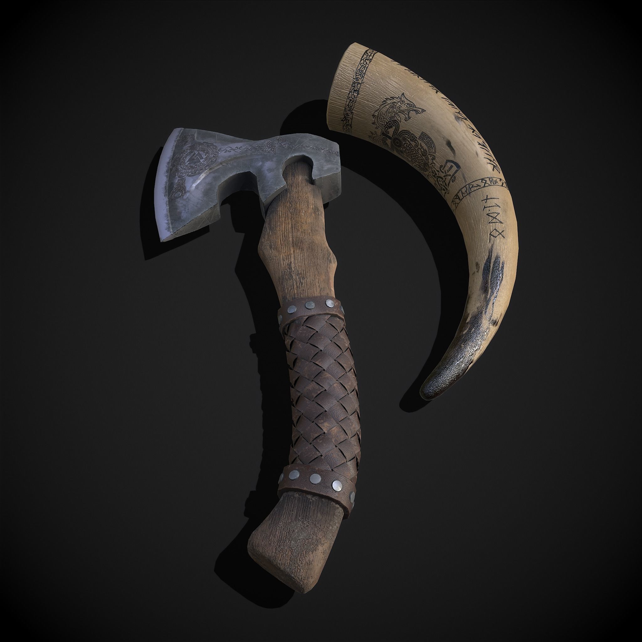 Viking Horn and Axe 3D Model Collection_7