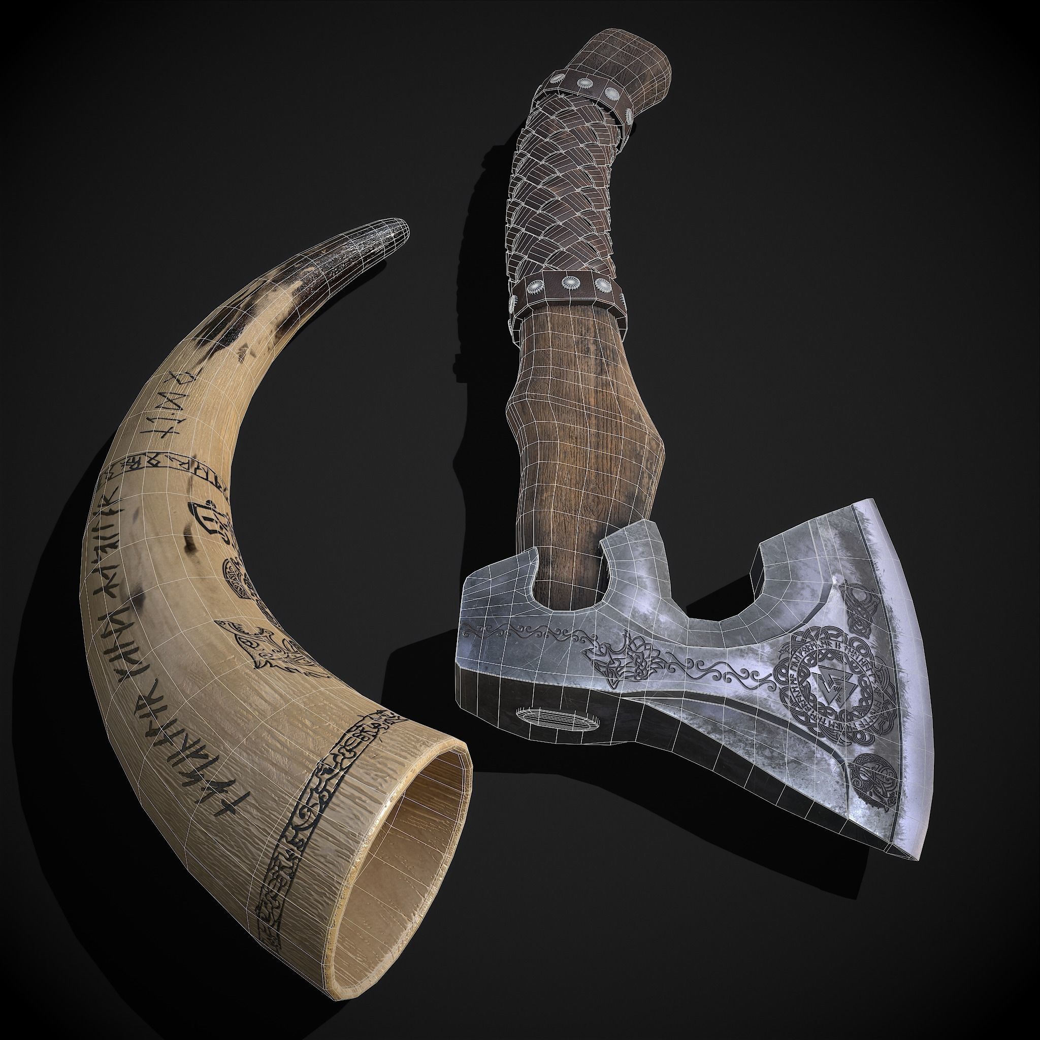 Viking Horn and Axe 3D Model Collection_10