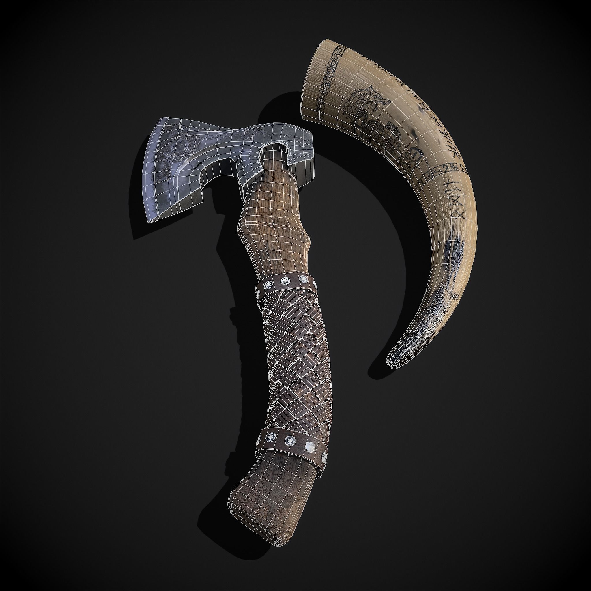 Viking Horn and Axe 3D Model Collection_8