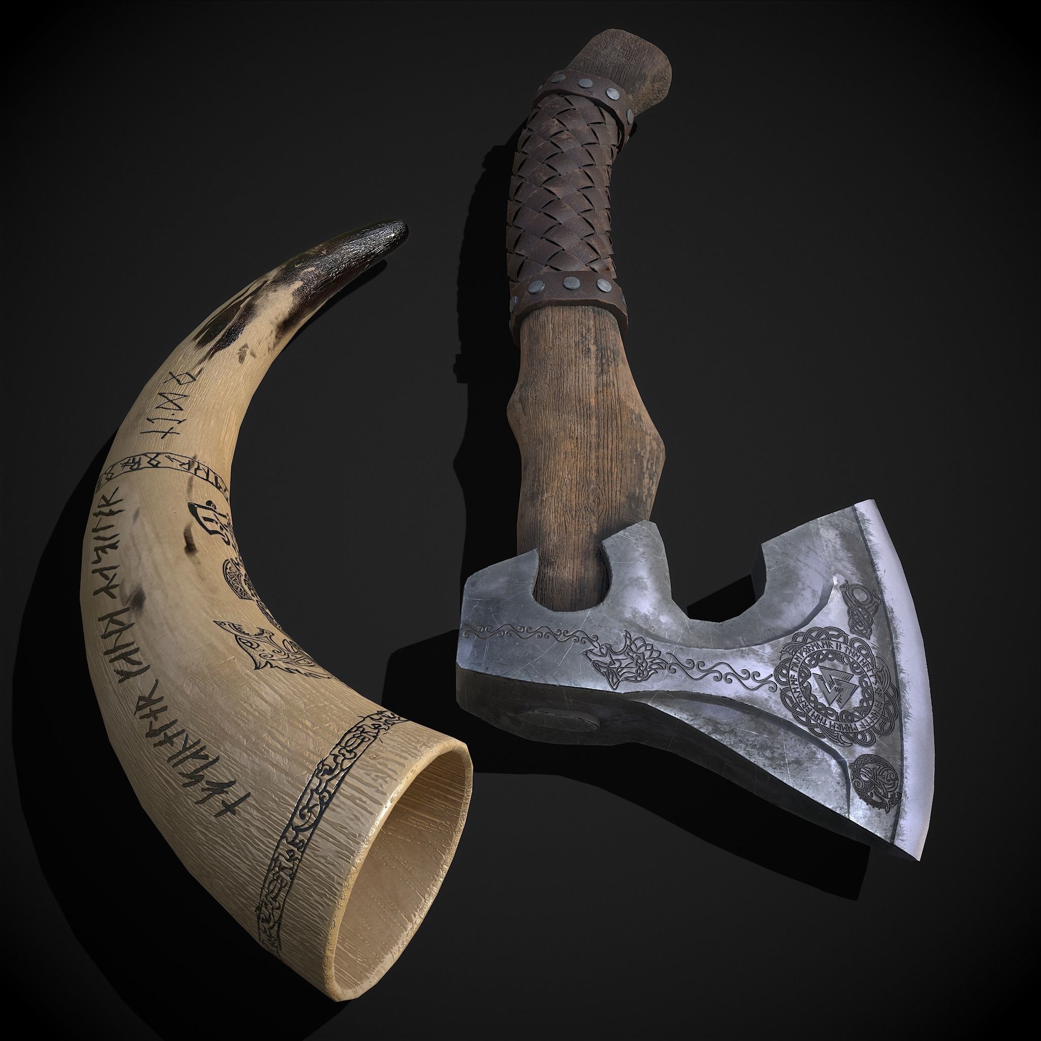 Viking Horn and Axe 3D Model Collection_9