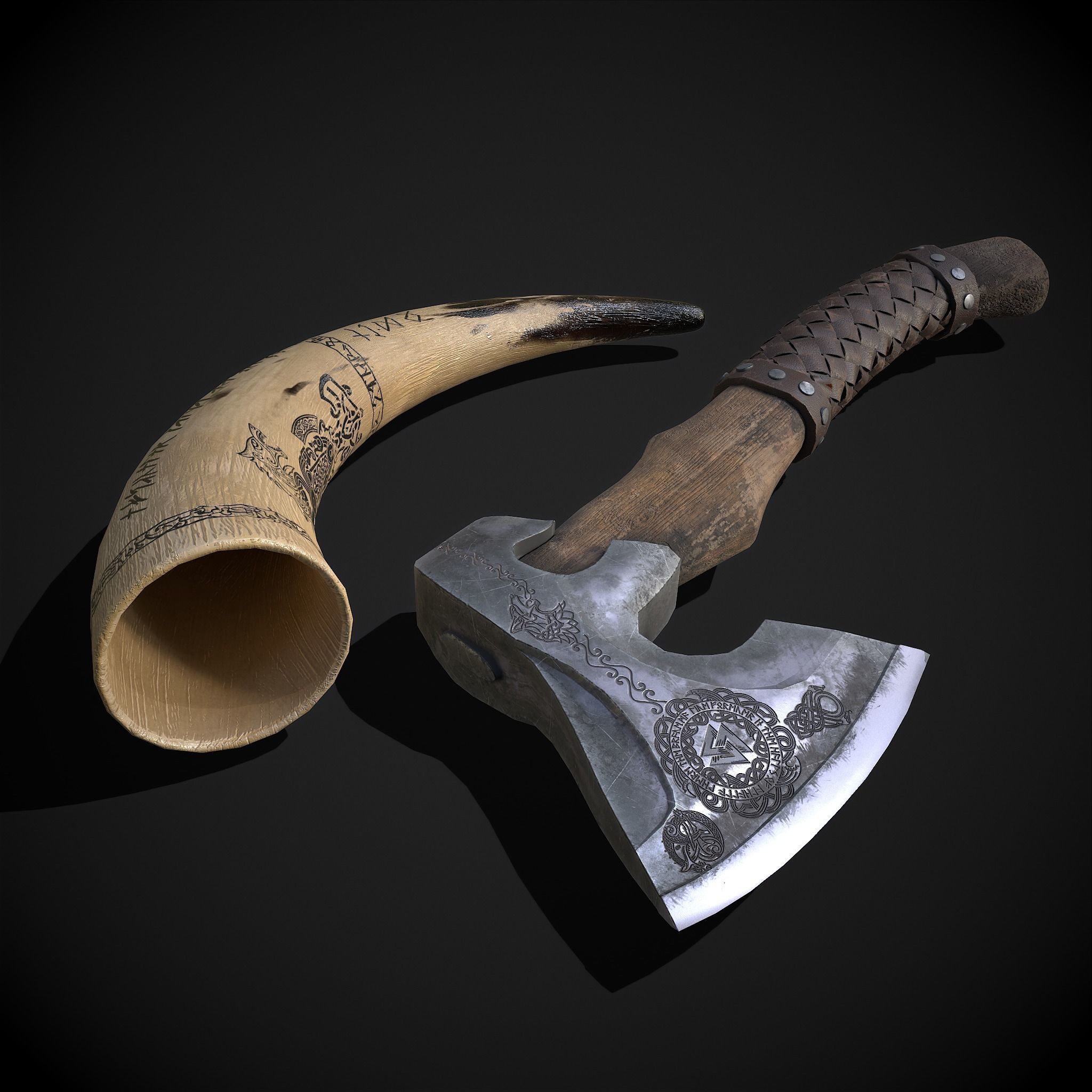 Viking Horn and Axe 3D Model Collection_3