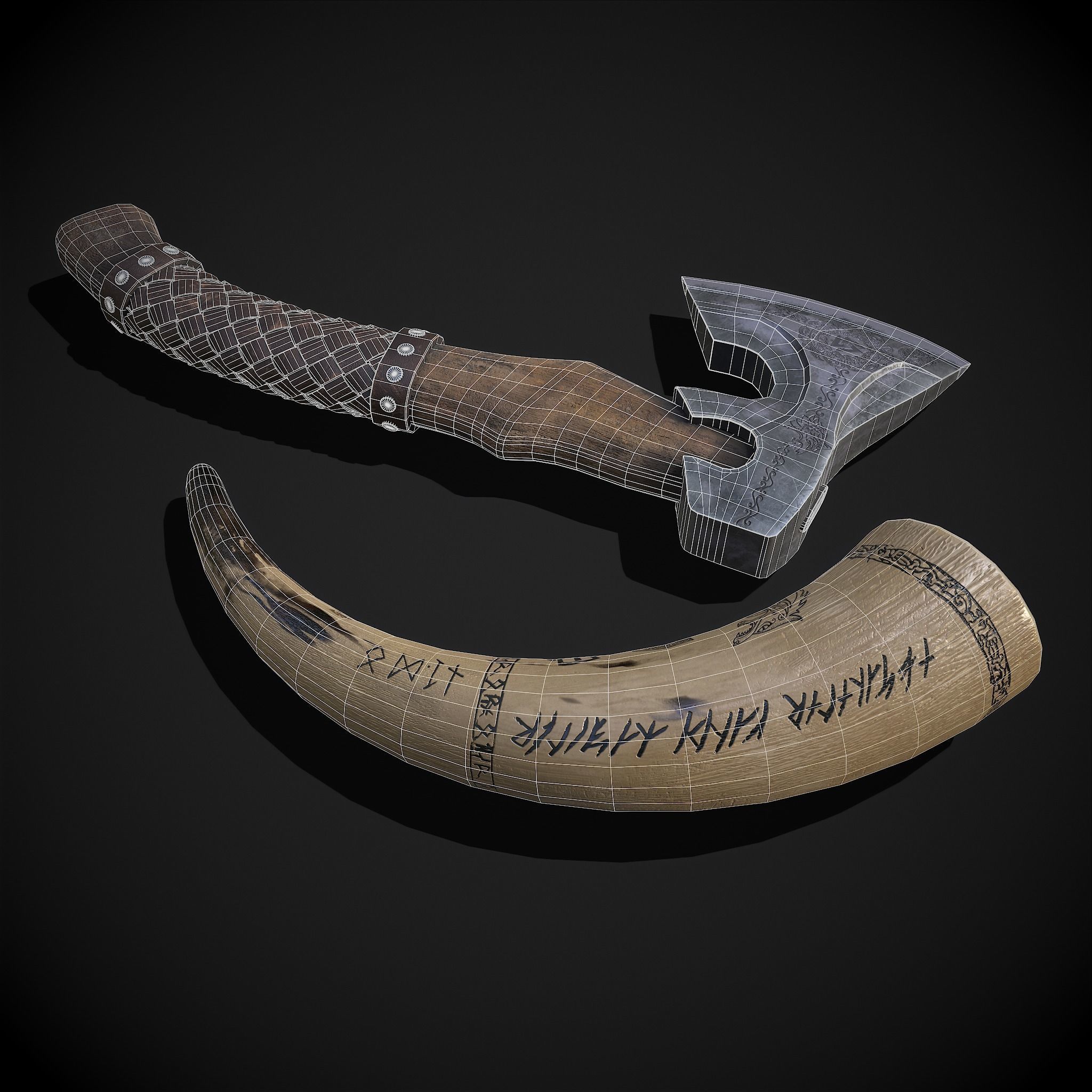 Viking Horn and Axe 3D Model Collection_6