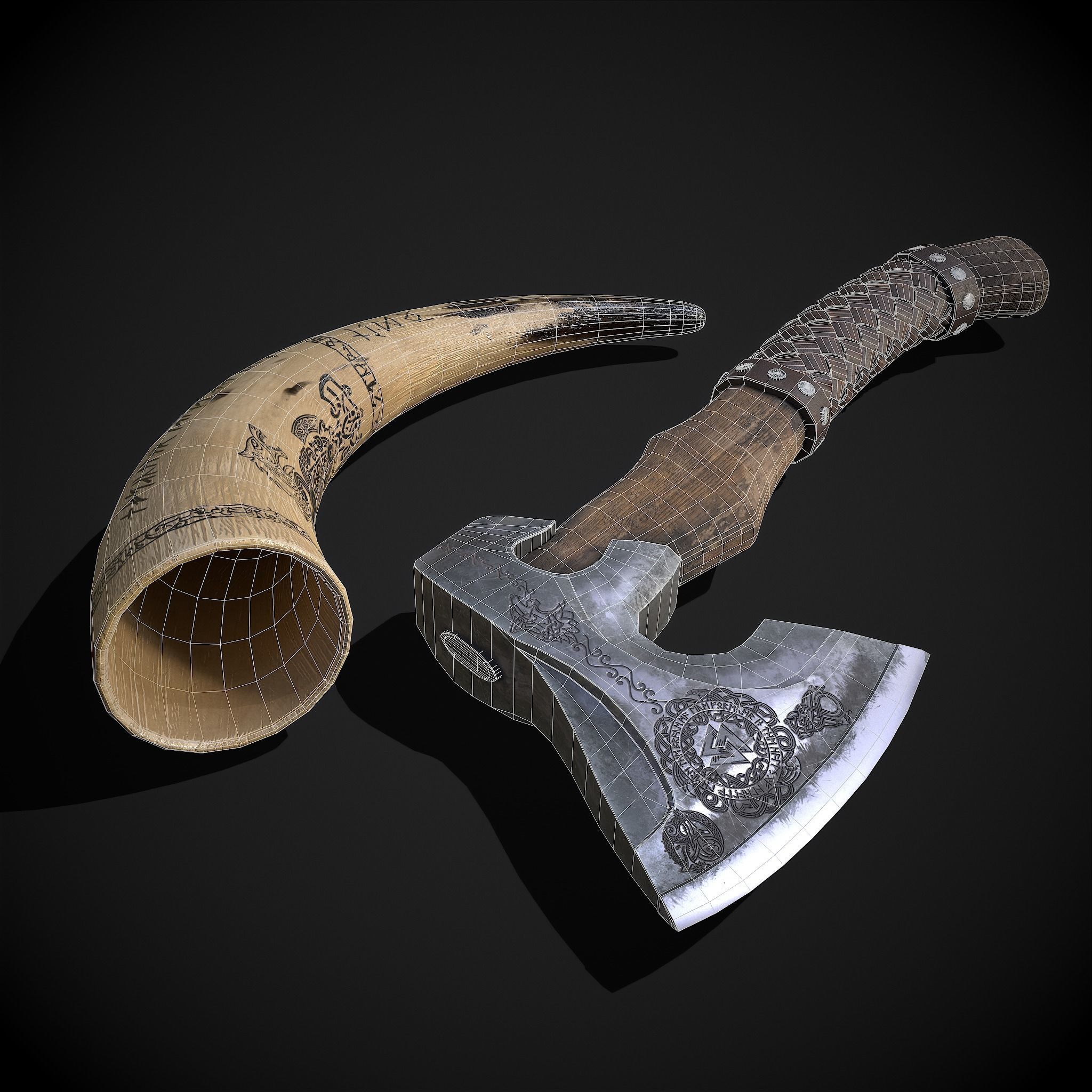 Viking Horn and Axe 3D Model Collection_4