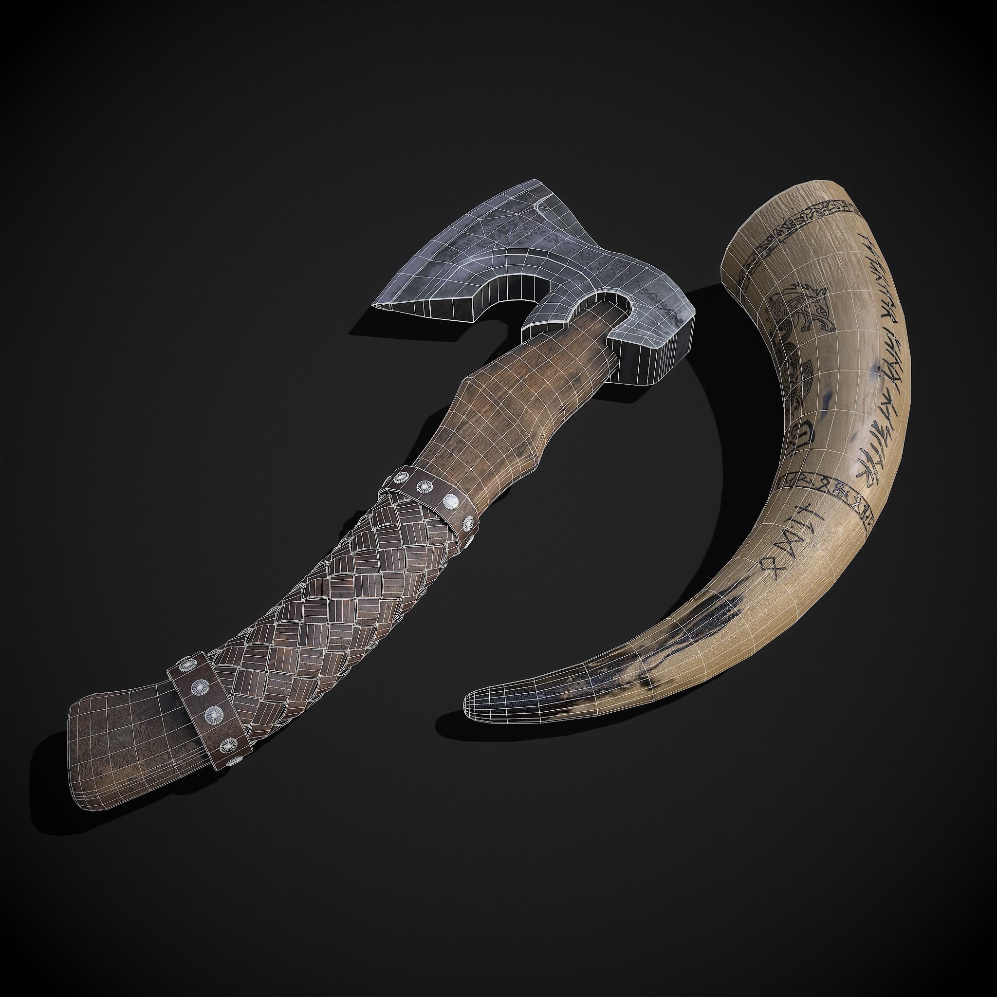 Viking Horn and Axe 3D Model Collection_12