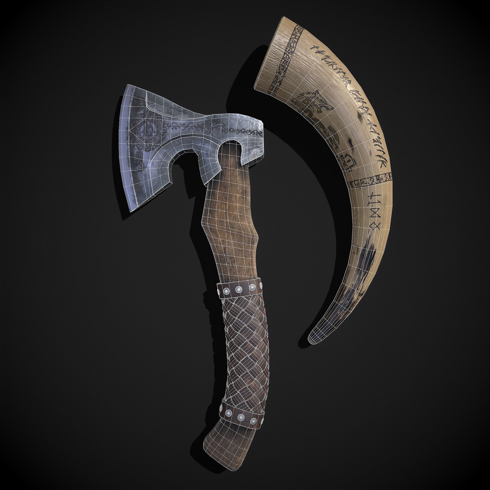 Viking Horn and Axe 3D Model Collection_14