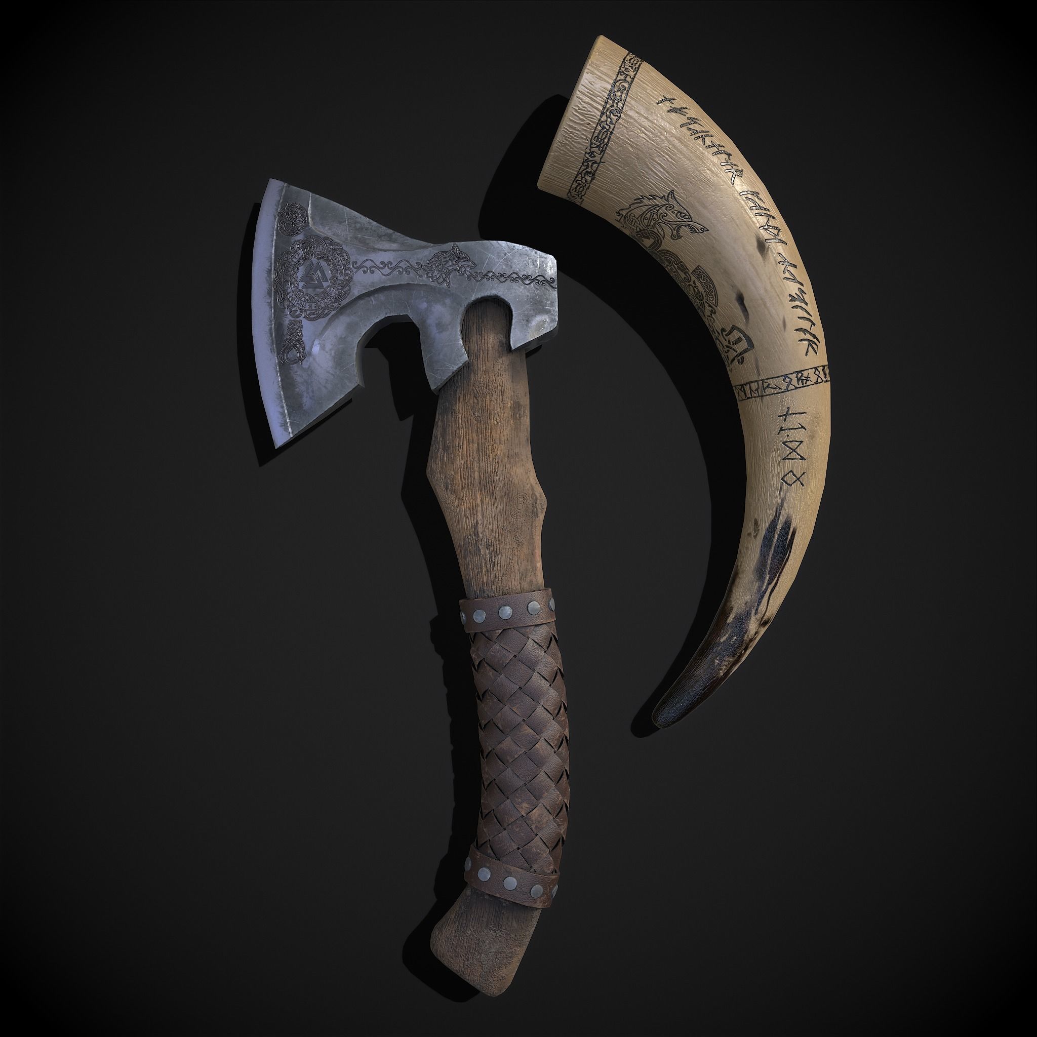 Viking Horn and Axe 3D Model Collection_13