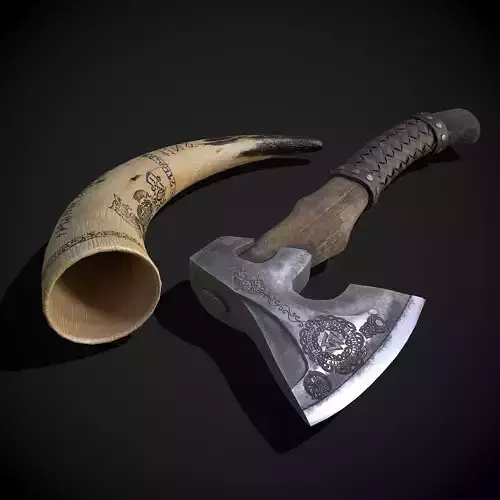 Viking Horn and Axe 3D Model Collection