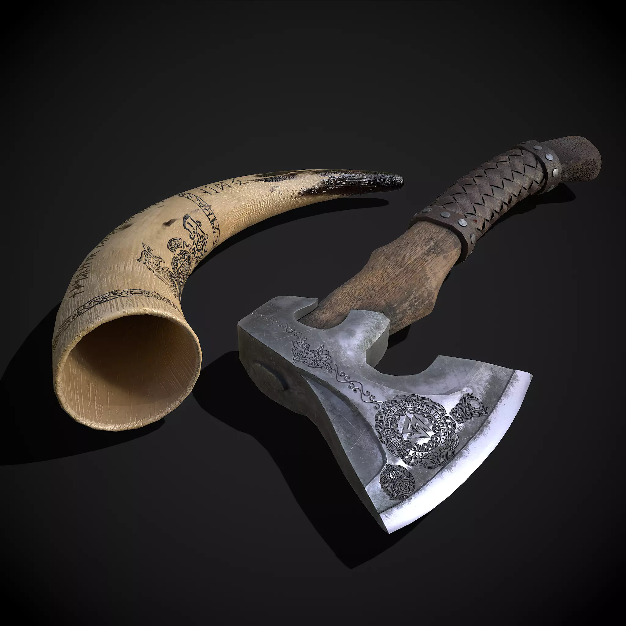 Viking Horn and Axe 3D Model Collection_0