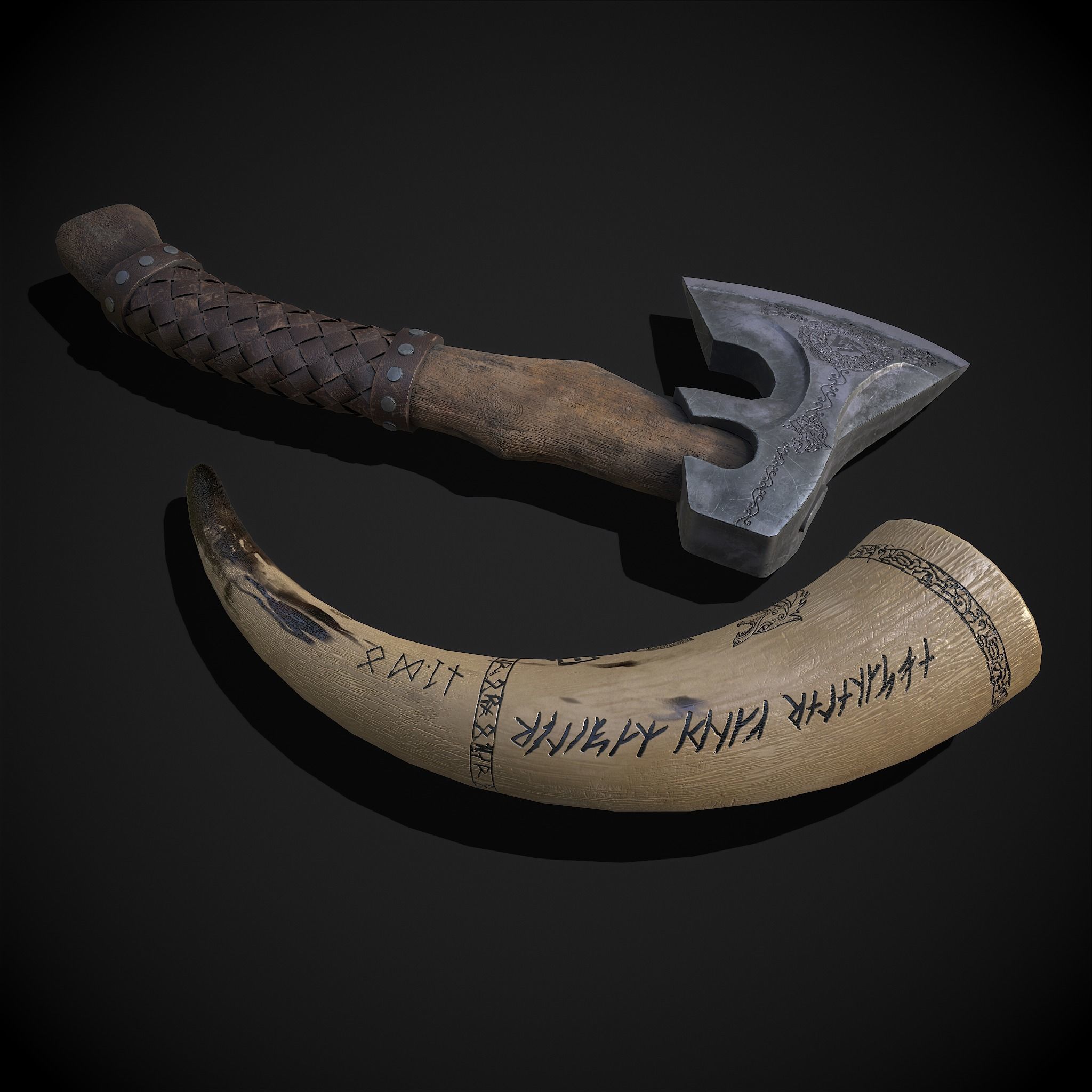 Viking Horn and Axe 3D Model Collection_5