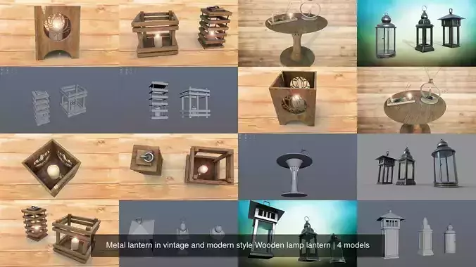 Metal lantern in vintage and modern style Wooden lamp lantern 3D Model Collection