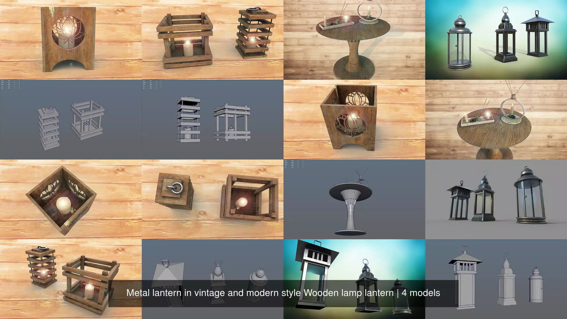 Metal lantern in vintage and modern style Wooden lamp lantern 3D Model Collection_0