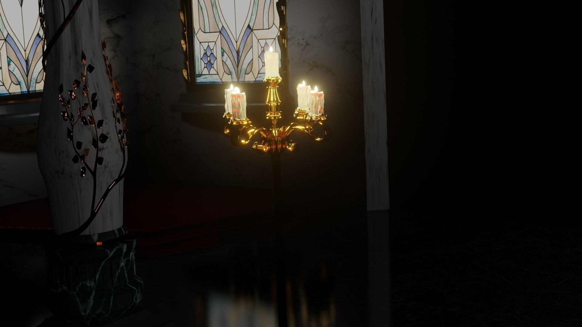  gold candelabra 2 meters tall with five lit candles melted wax  3D model_5