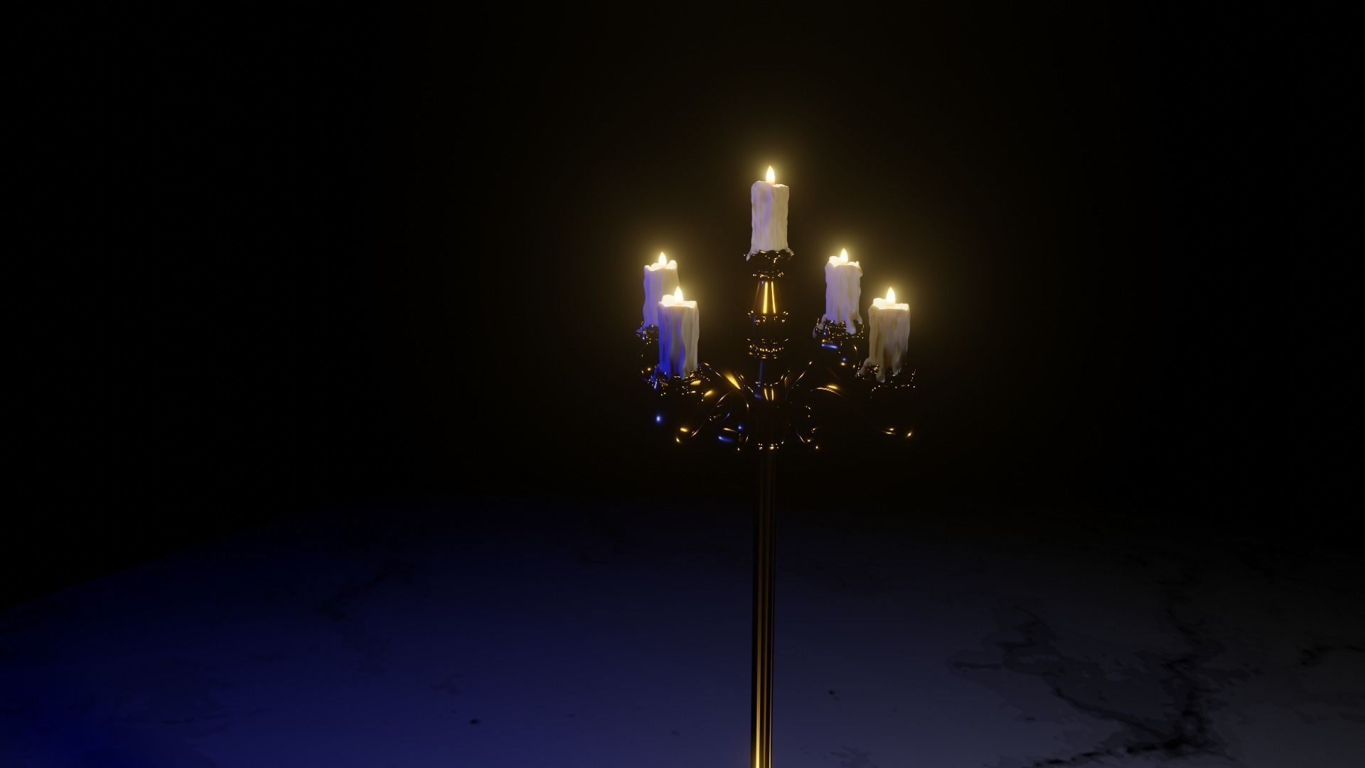  gold candelabra 2 meters tall with five lit candles melted wax  3D model_3