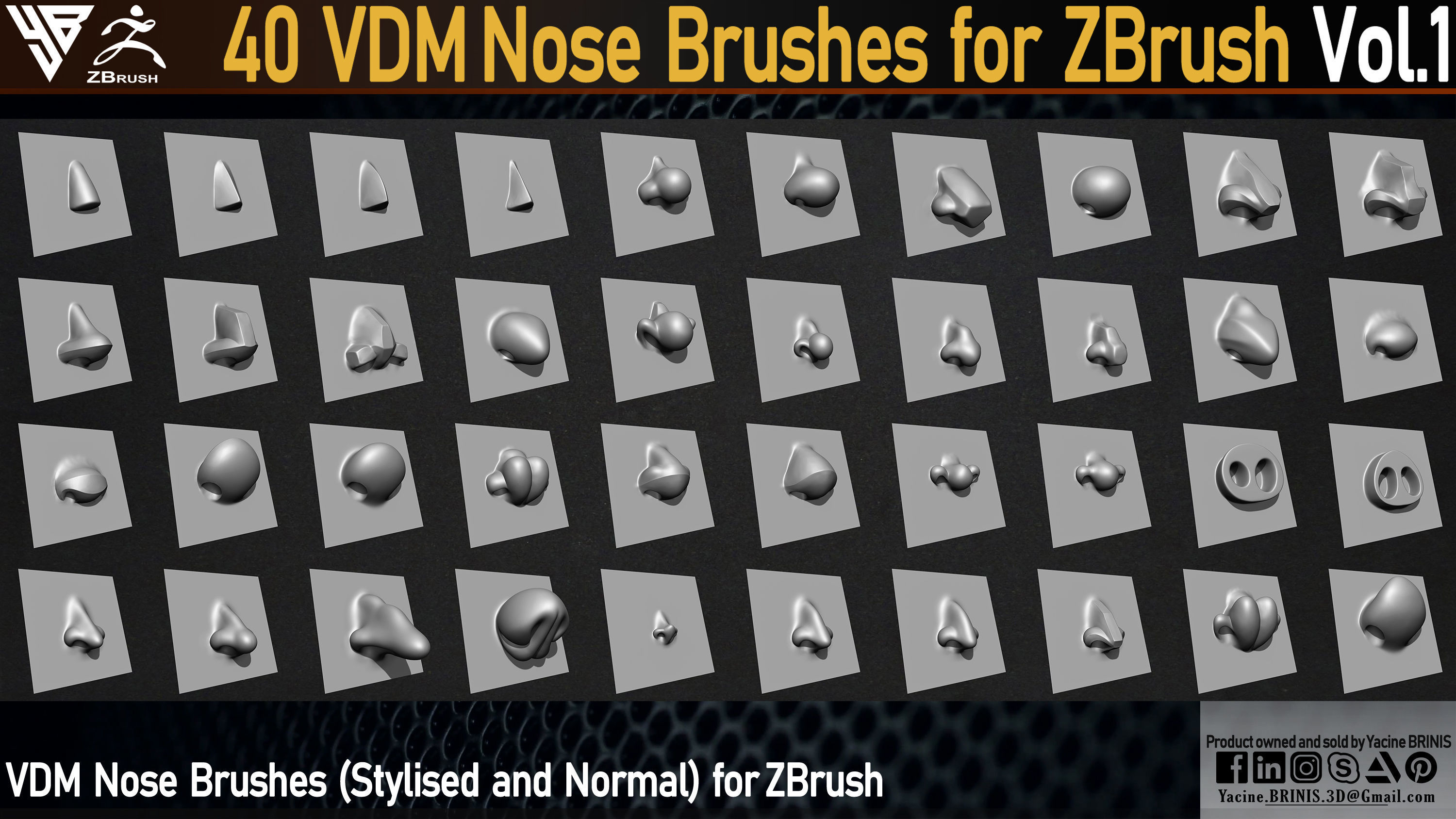 40 VDM Nose Brushes for ZBrush Stylized and Normal Low-poly 3D model_2