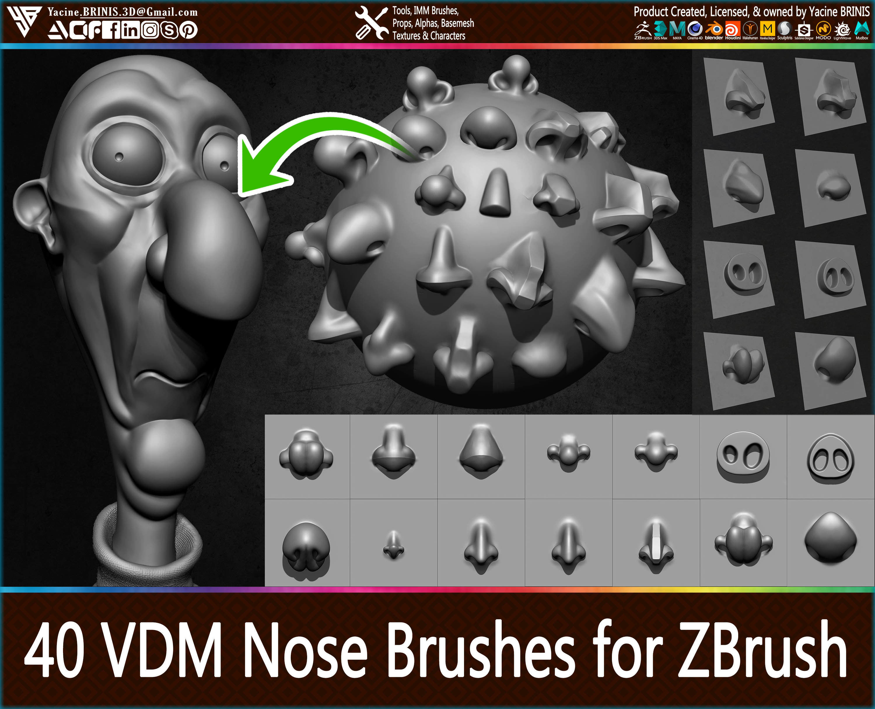 40 VDM Nose Brushes for ZBrush Stylized and Normal Low-poly 3D model_8