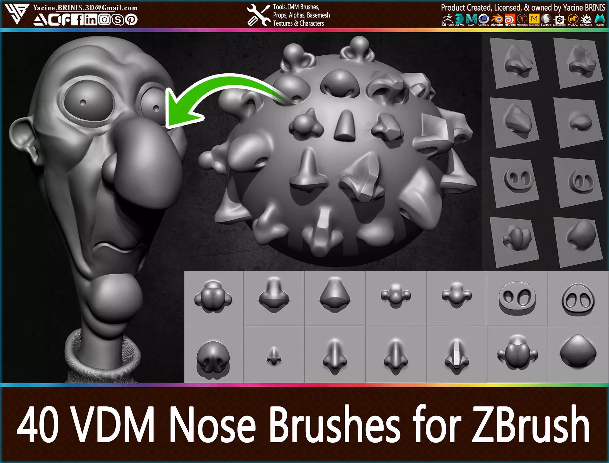 40 VDM Nose Brushes for ZBrush Stylized and Normal Low-poly 3D model_0
