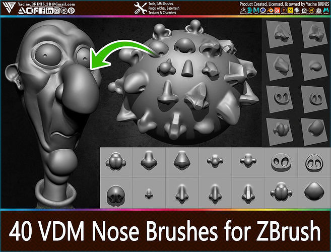 40 VDM Nose Brushes for ZBrush Stylized and Normal Low-poly 3D model