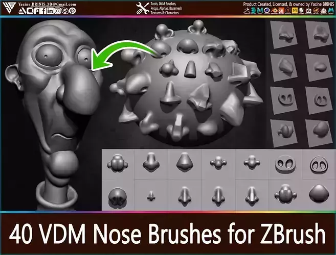 40 VDM Nose Brushes for ZBrush Stylized and Normal Low-poly 3D model
