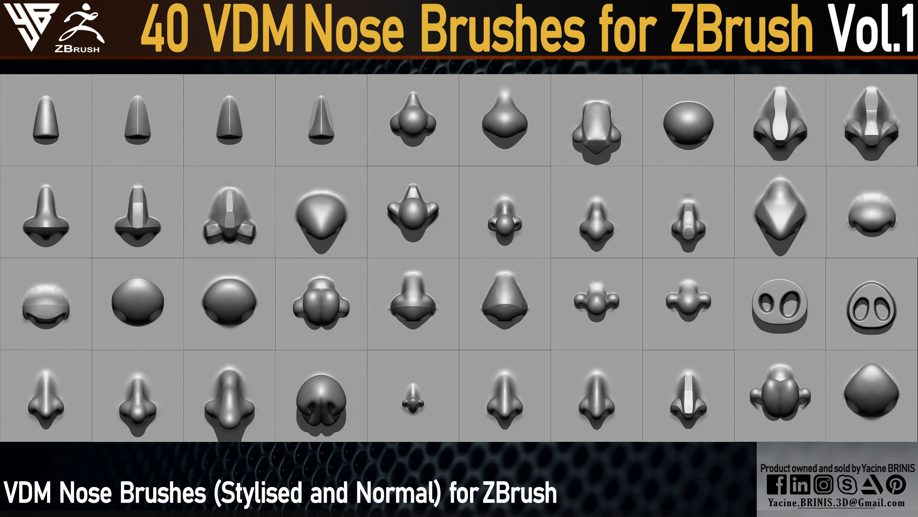 40 VDM Nose Brushes for ZBrush Stylized and Normal Low-poly 3D model_1