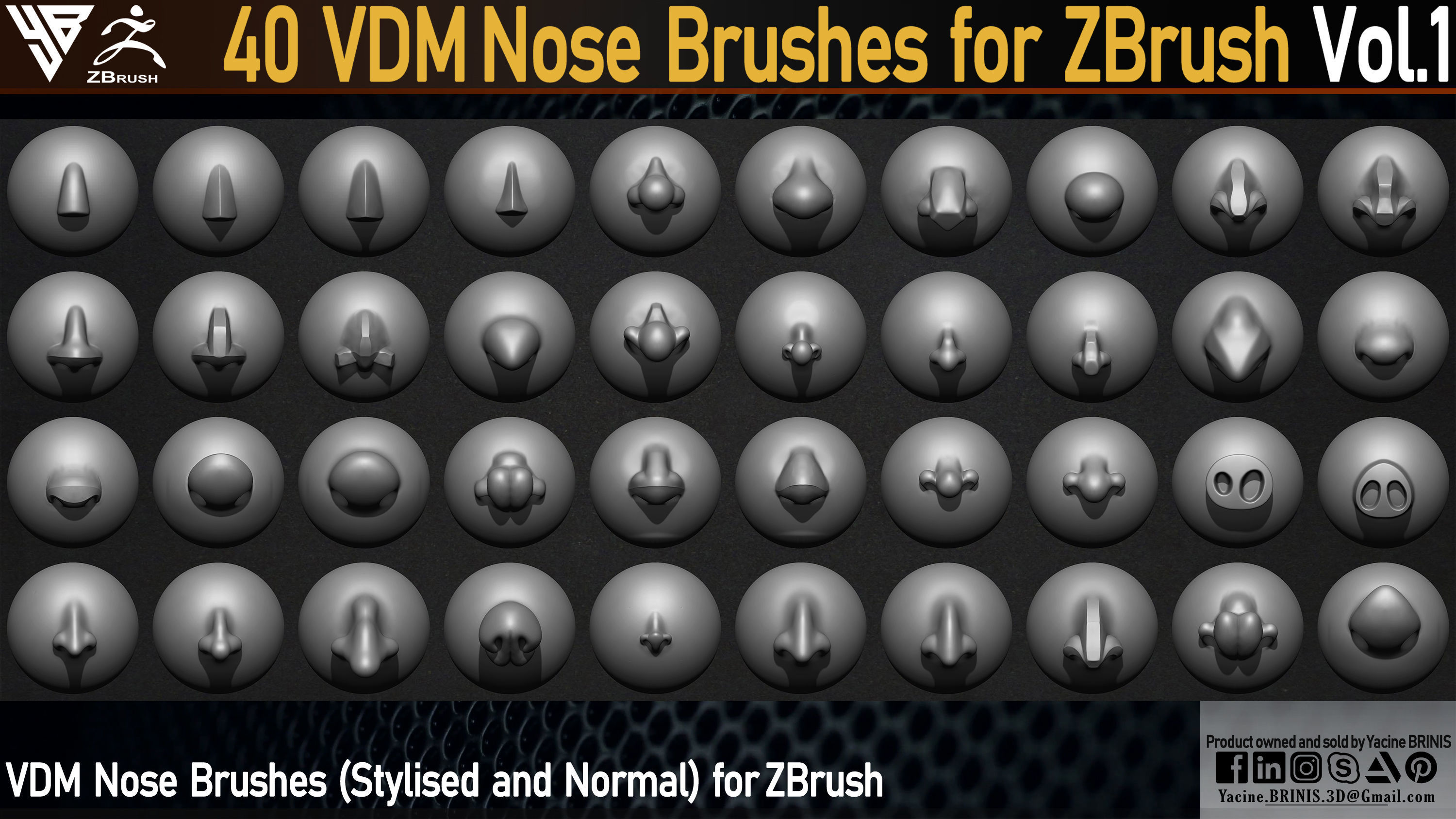 40 VDM Nose Brushes for ZBrush Stylized and Normal Low-poly 3D model_3