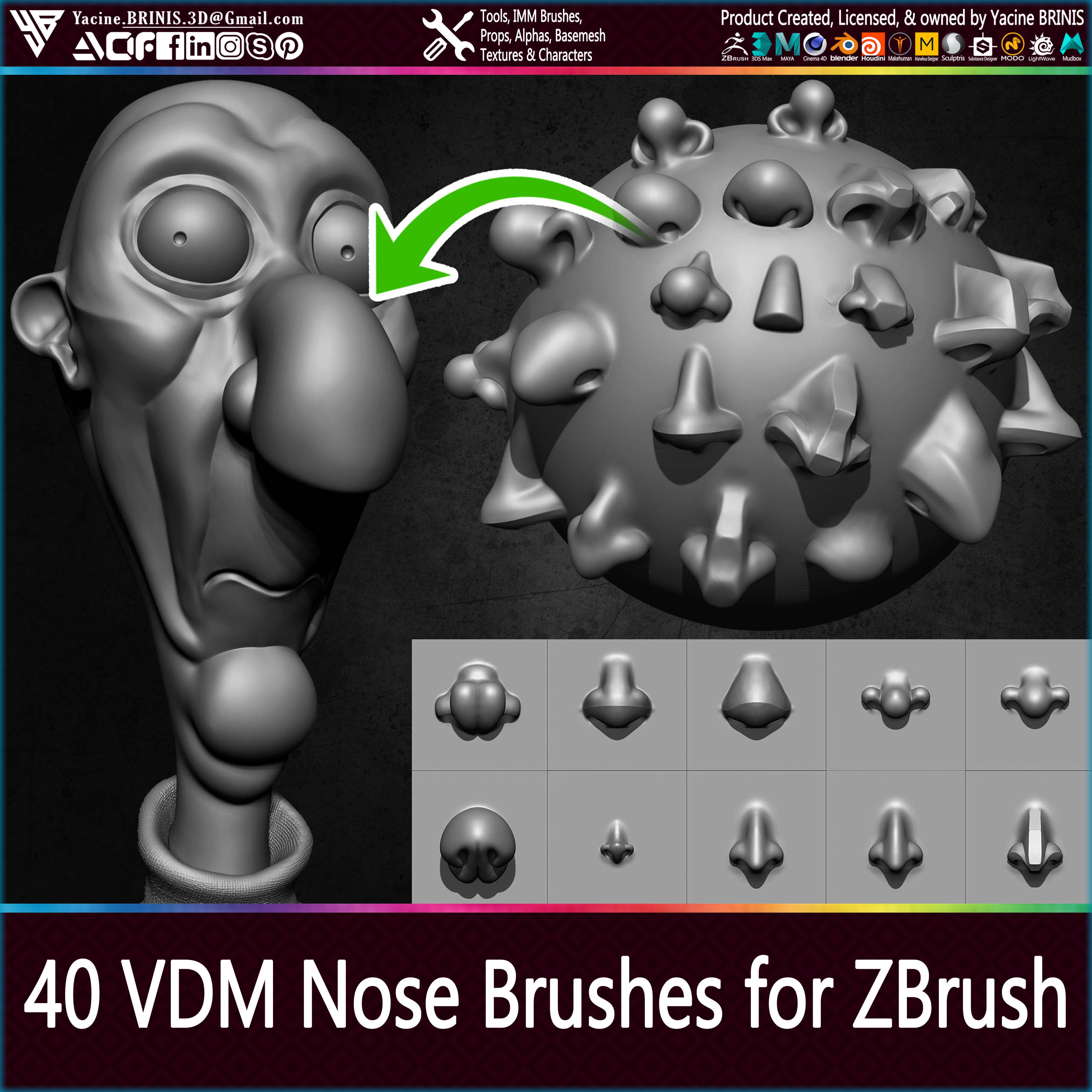 40 VDM Nose Brushes for ZBrush Stylized and Normal Low-poly 3D model_9