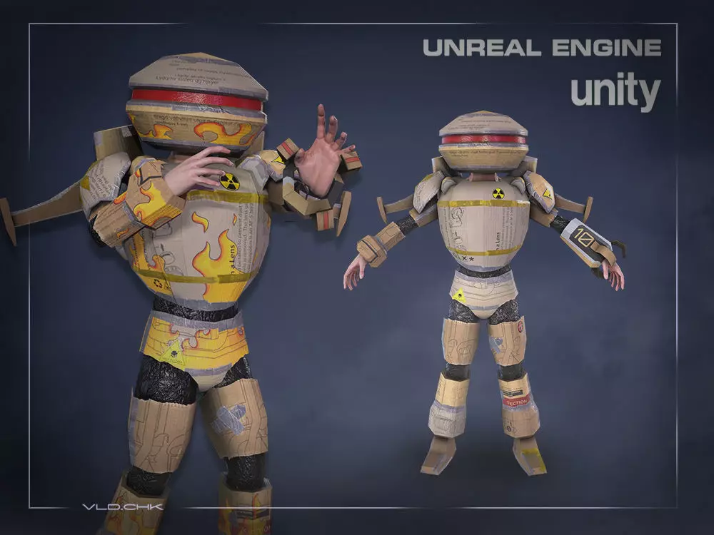 Cardboard Robot Low-poly 3D model_0