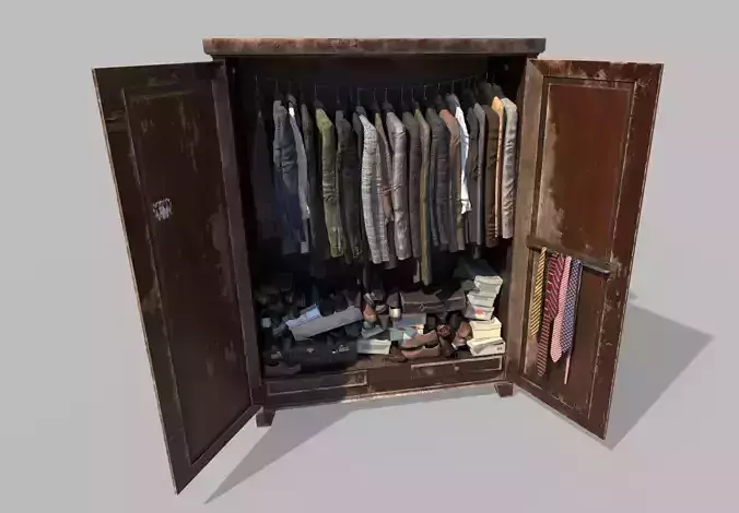 Old cabinet with clothes and shoes