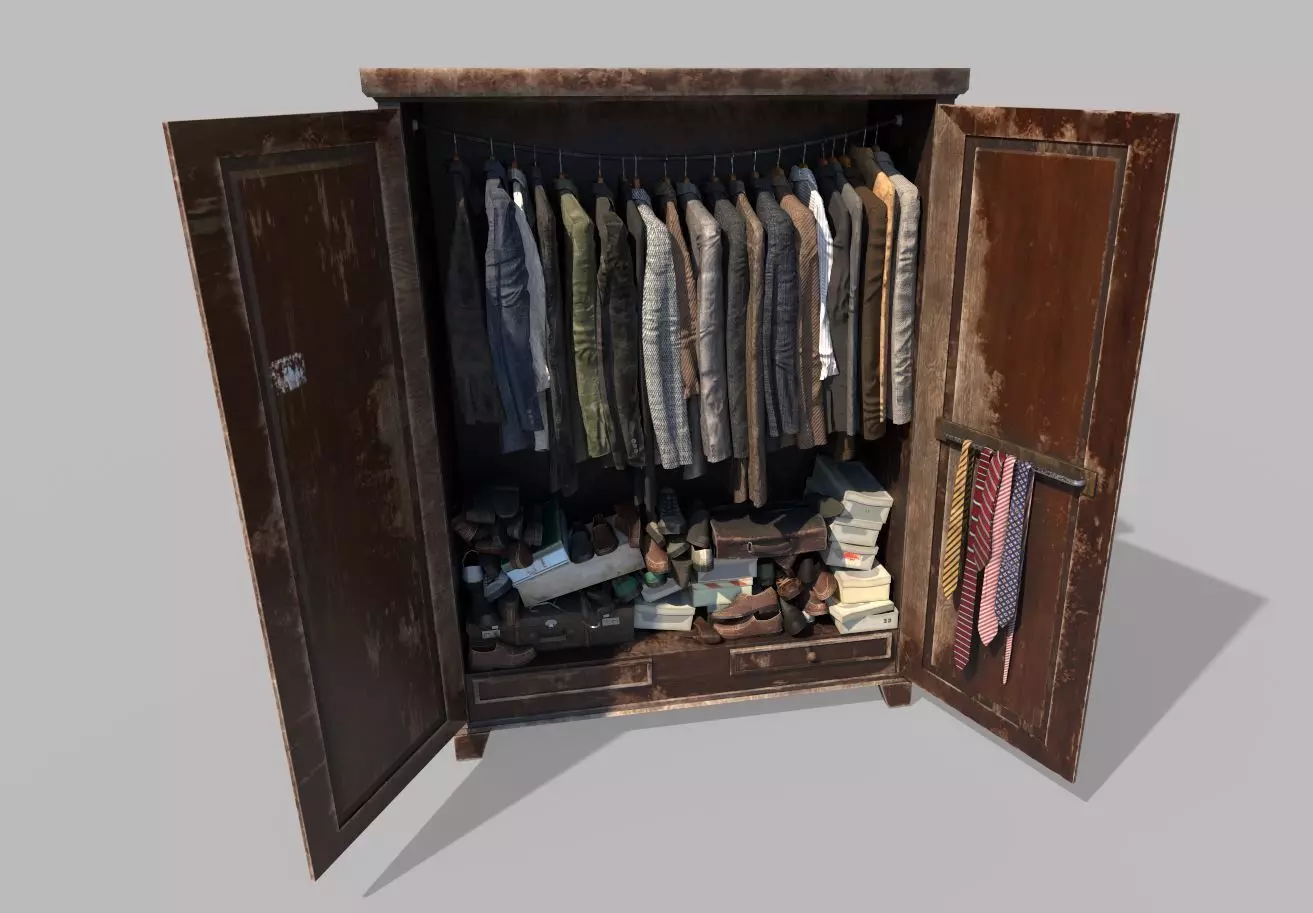 Old cabinet with clothes and shoes 3D model_0
