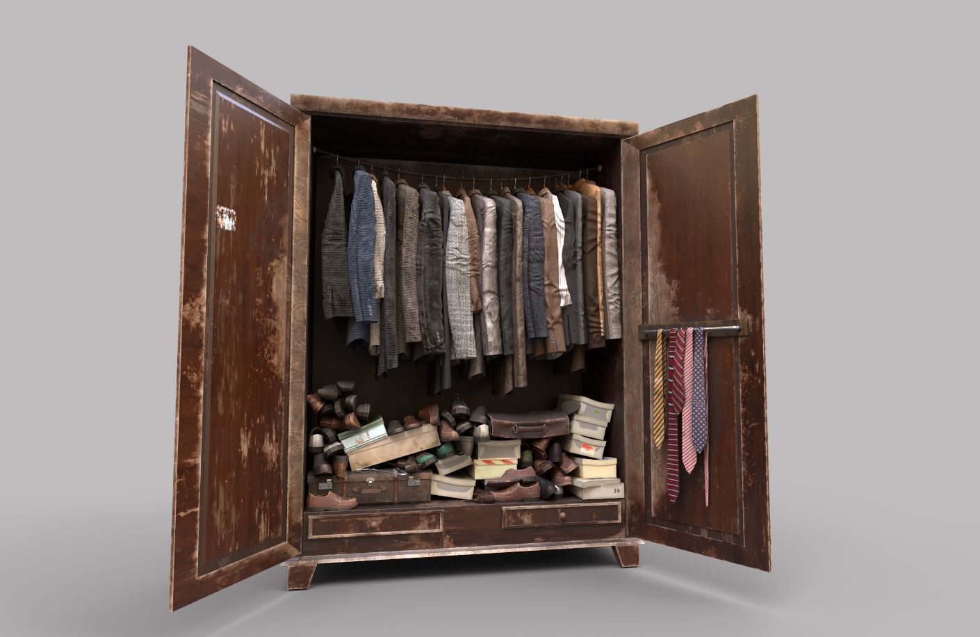 Old cabinet with clothes and shoes 3D model_1