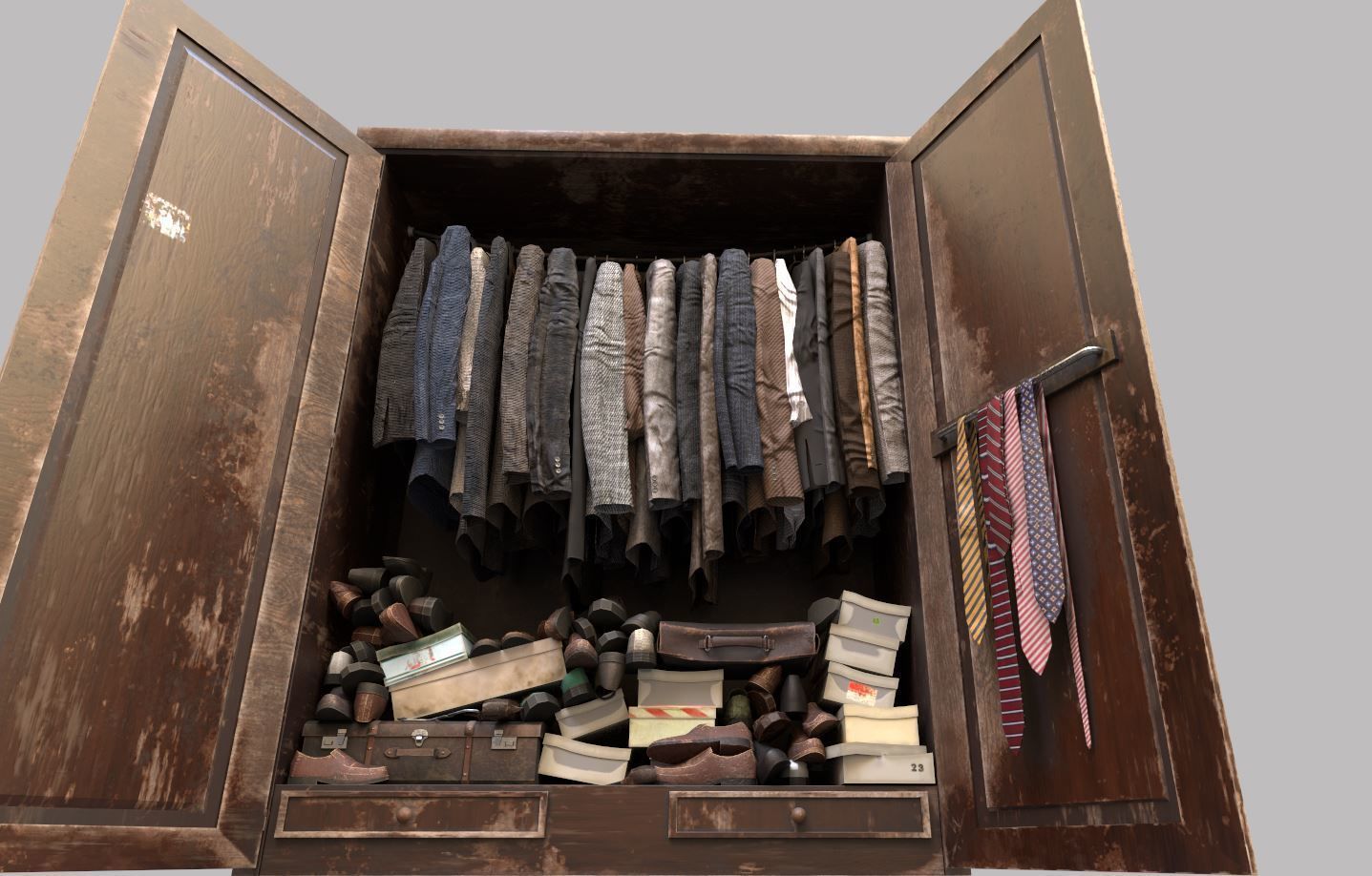 Old cabinet with clothes and shoes 3D model_6