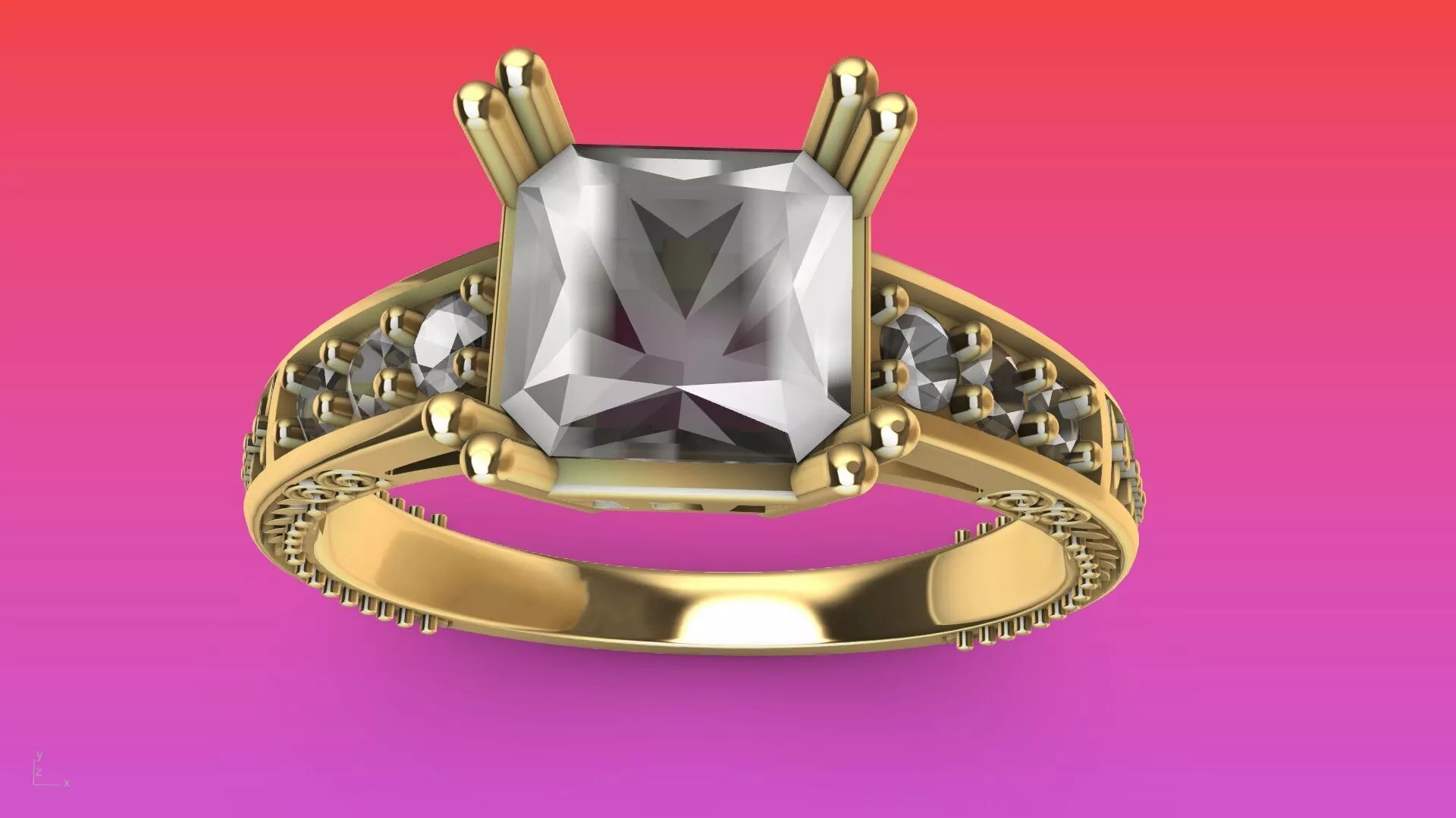 Radiant cut gallery diamond shank ring stl verified 3D print model