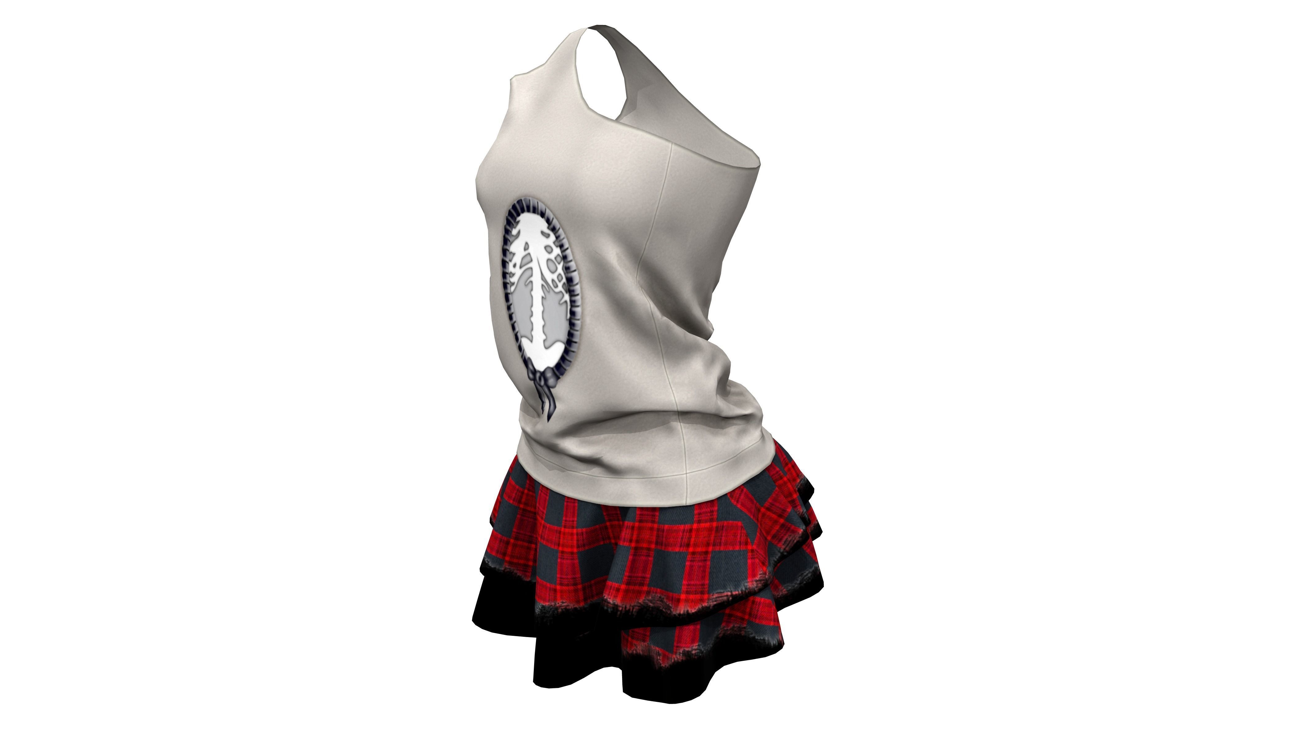 Torn Edge Layered Mini Skirt Outfit Low-poly 3D model_2