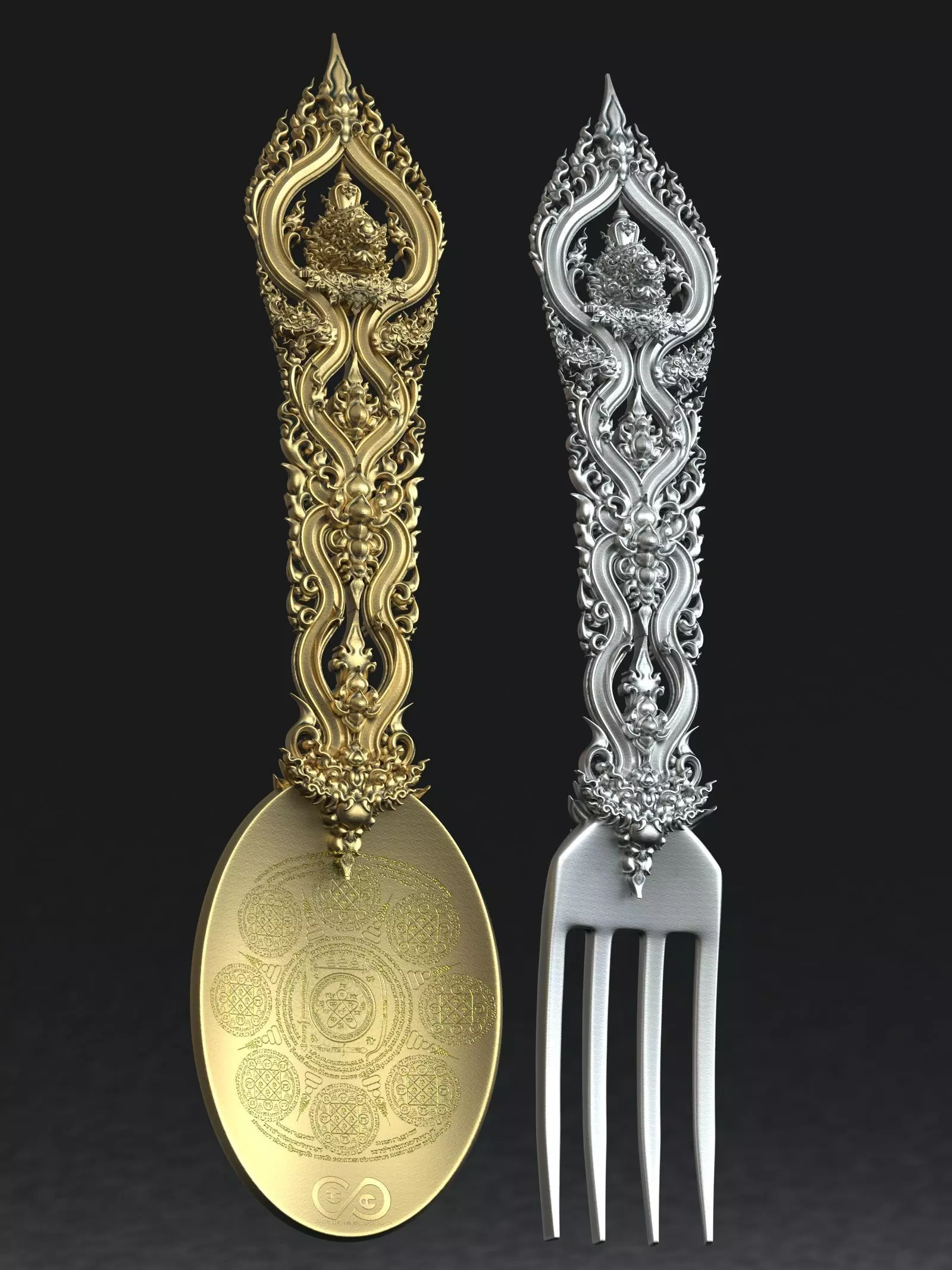 Fork and Spoon Thai Pattern for 3d print Casting jewelry 3D print model