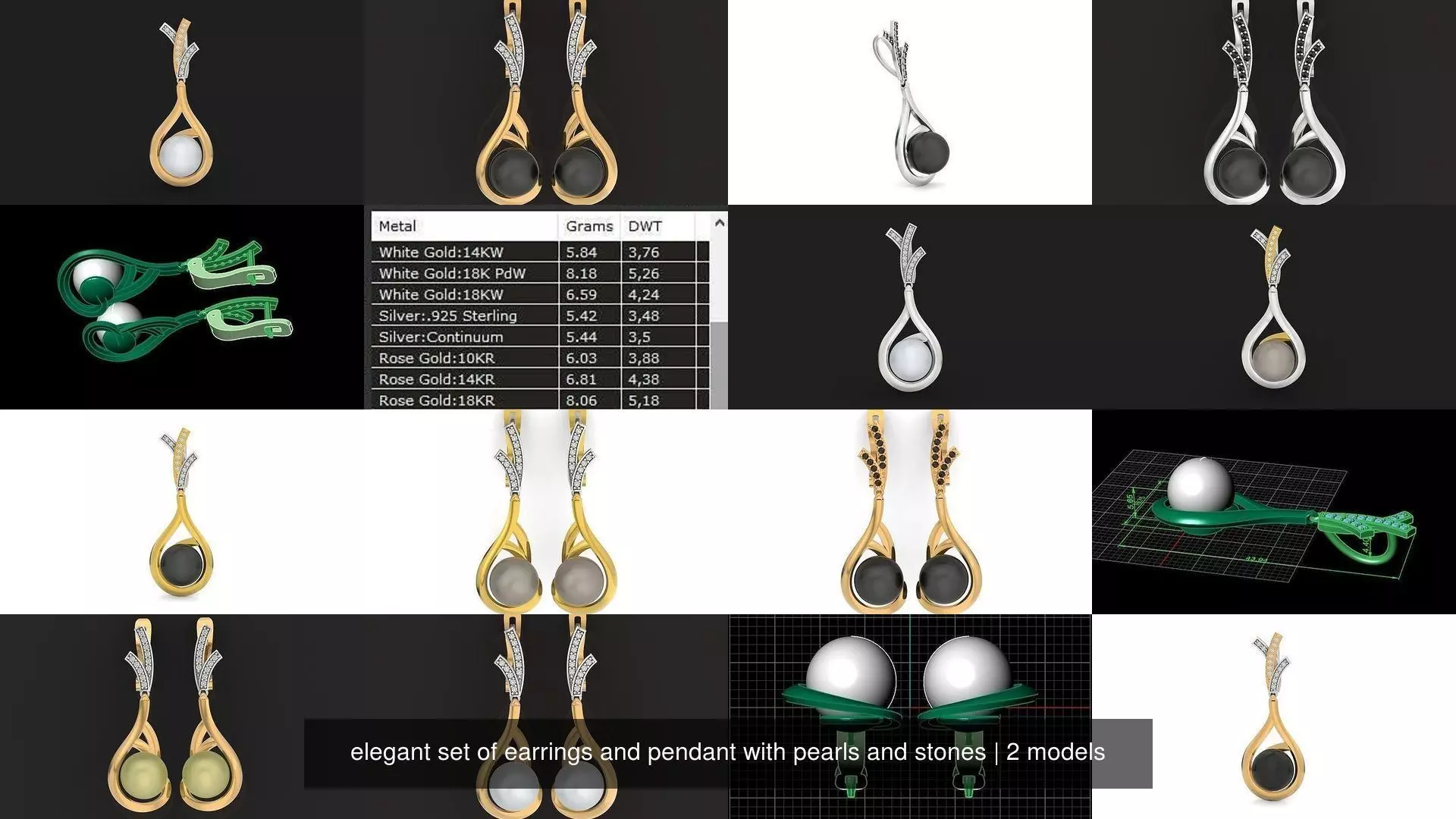 elegant set of earrings and pendant with pearls and stones 3D Model Collection_1
