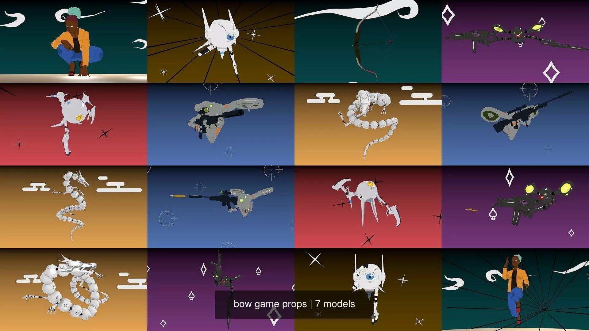 robots characters weapons anime game props low poly Rigged 3D Model Collection_0