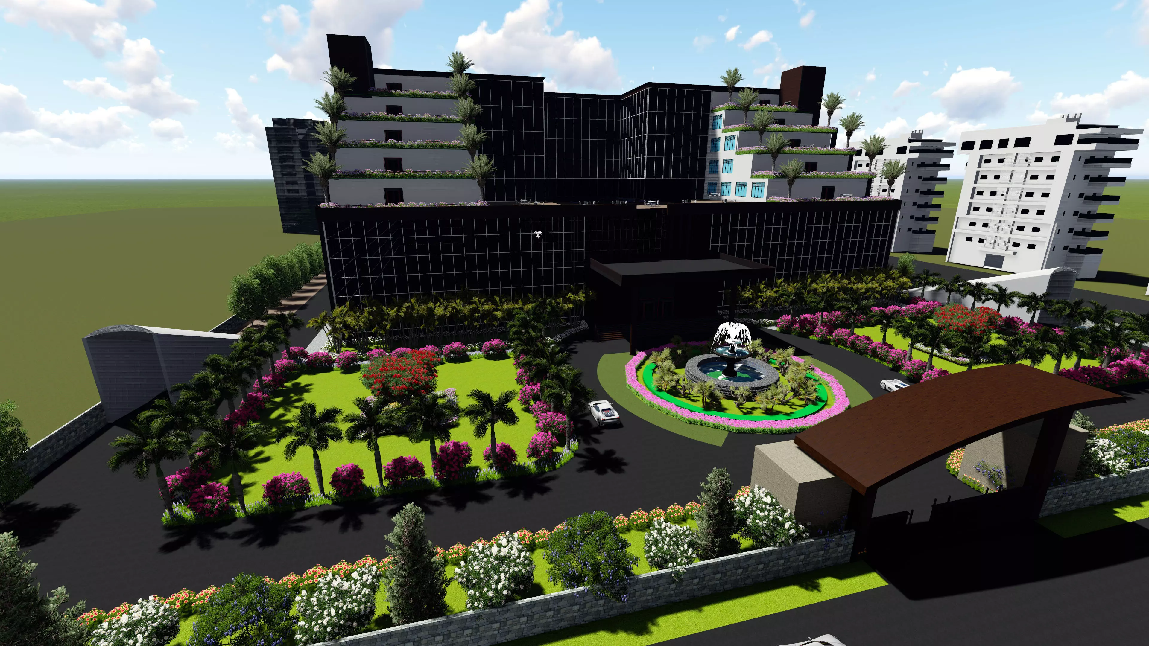 Hotel building with lot of greenery Low-poly 3D model