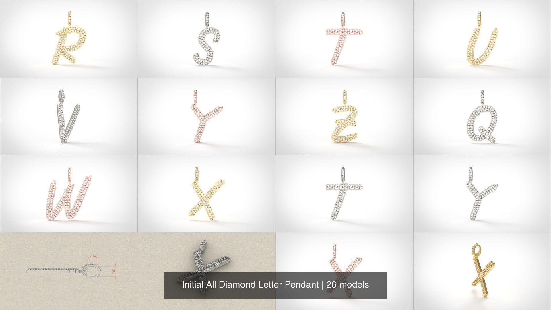 Initial All Diamond Letter Pendant 3D Model Collection_2