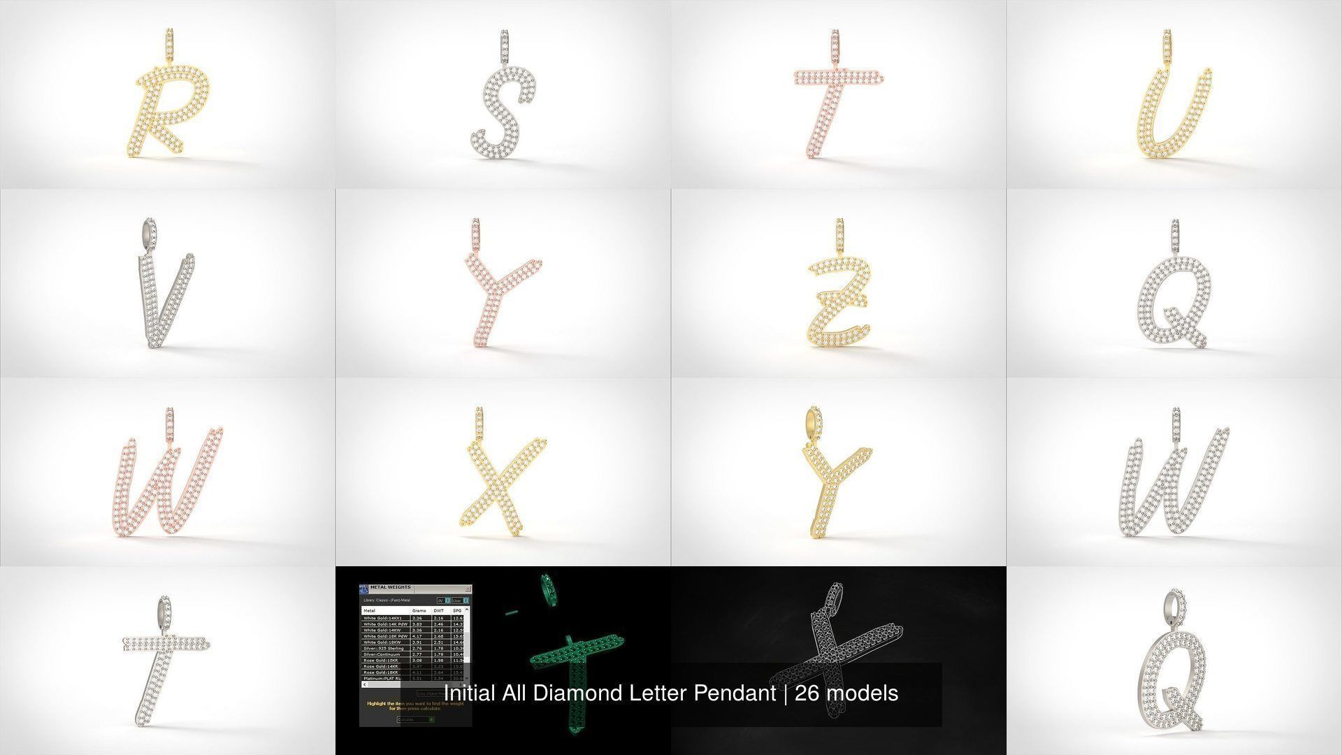 Initial All Diamond Letter Pendant 3D Model Collection_3