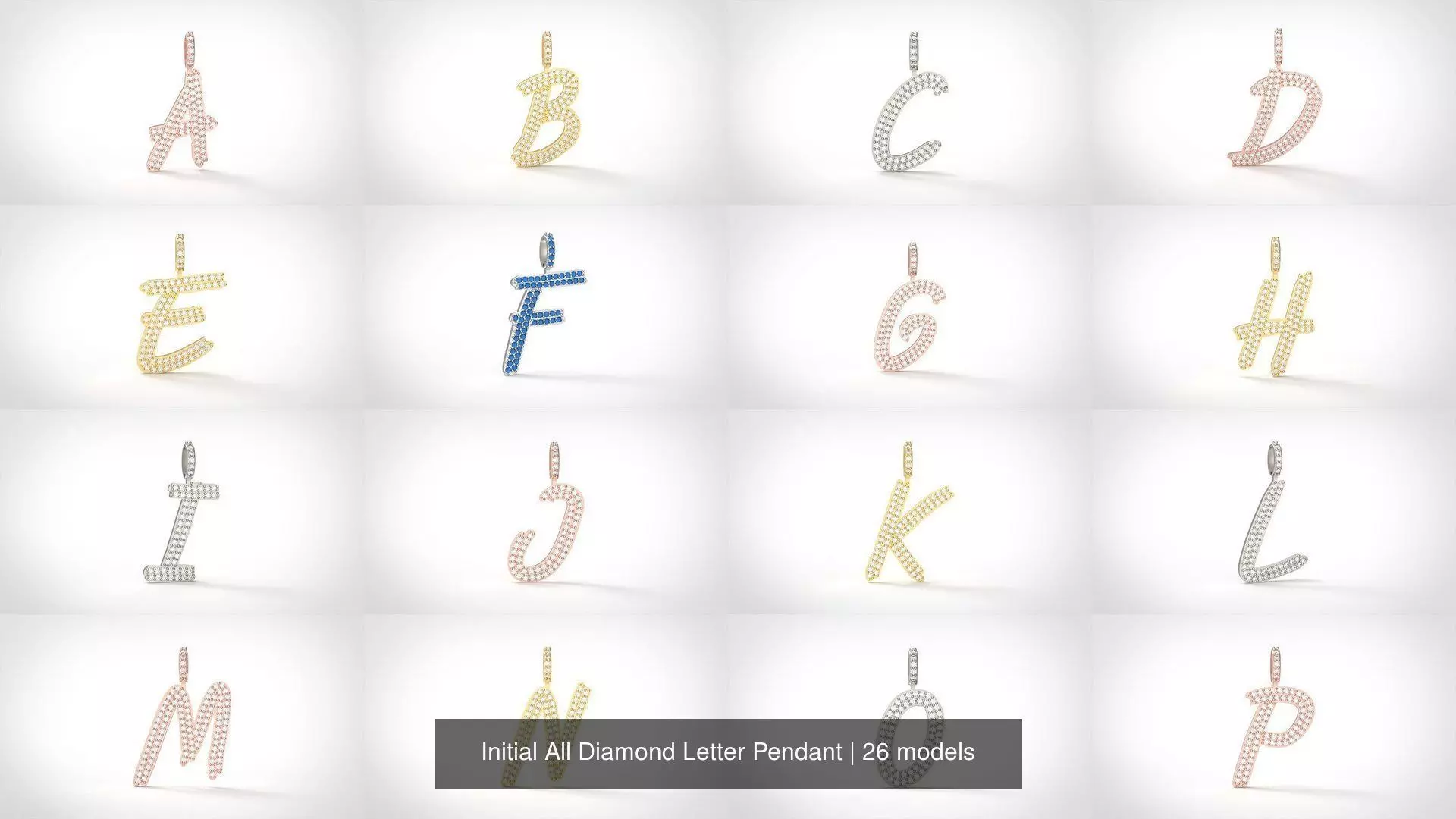 Initial All Diamond Letter Pendant 3D Model Collection_0