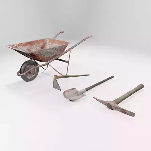 pickaxe shovel wheelbarrow Low-poly 3D model