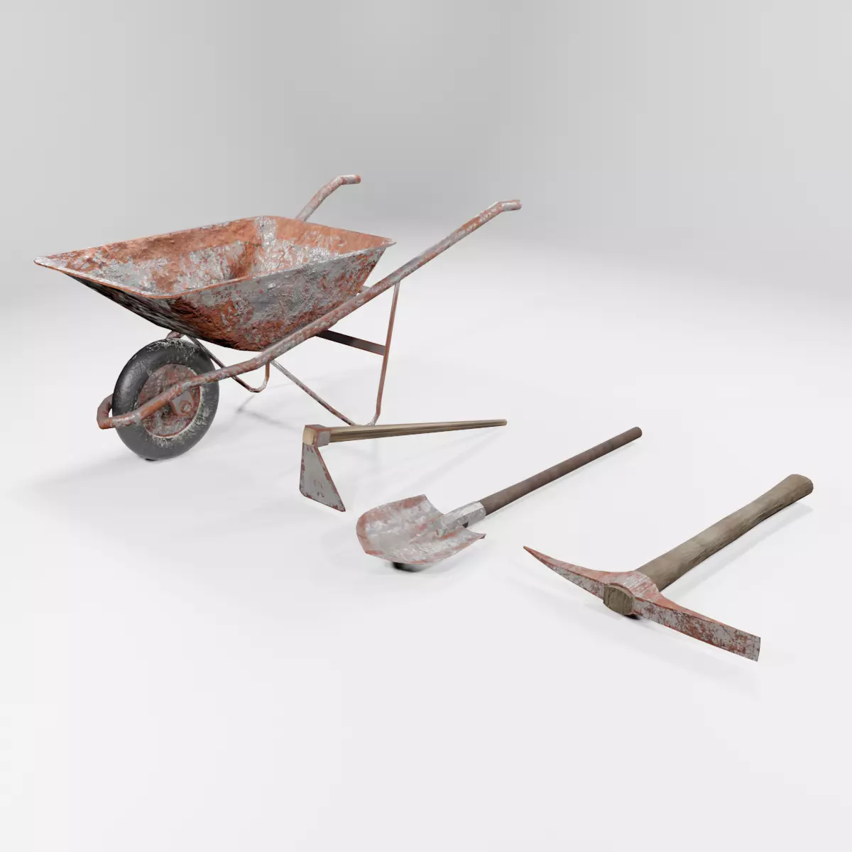 pickaxe shovel wheelbarrow Low-poly 3D model_0