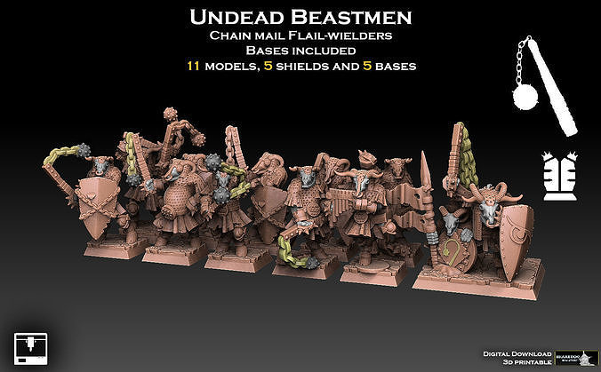 Undead Beastmen Chain Mail Flail Warriors 3D print model