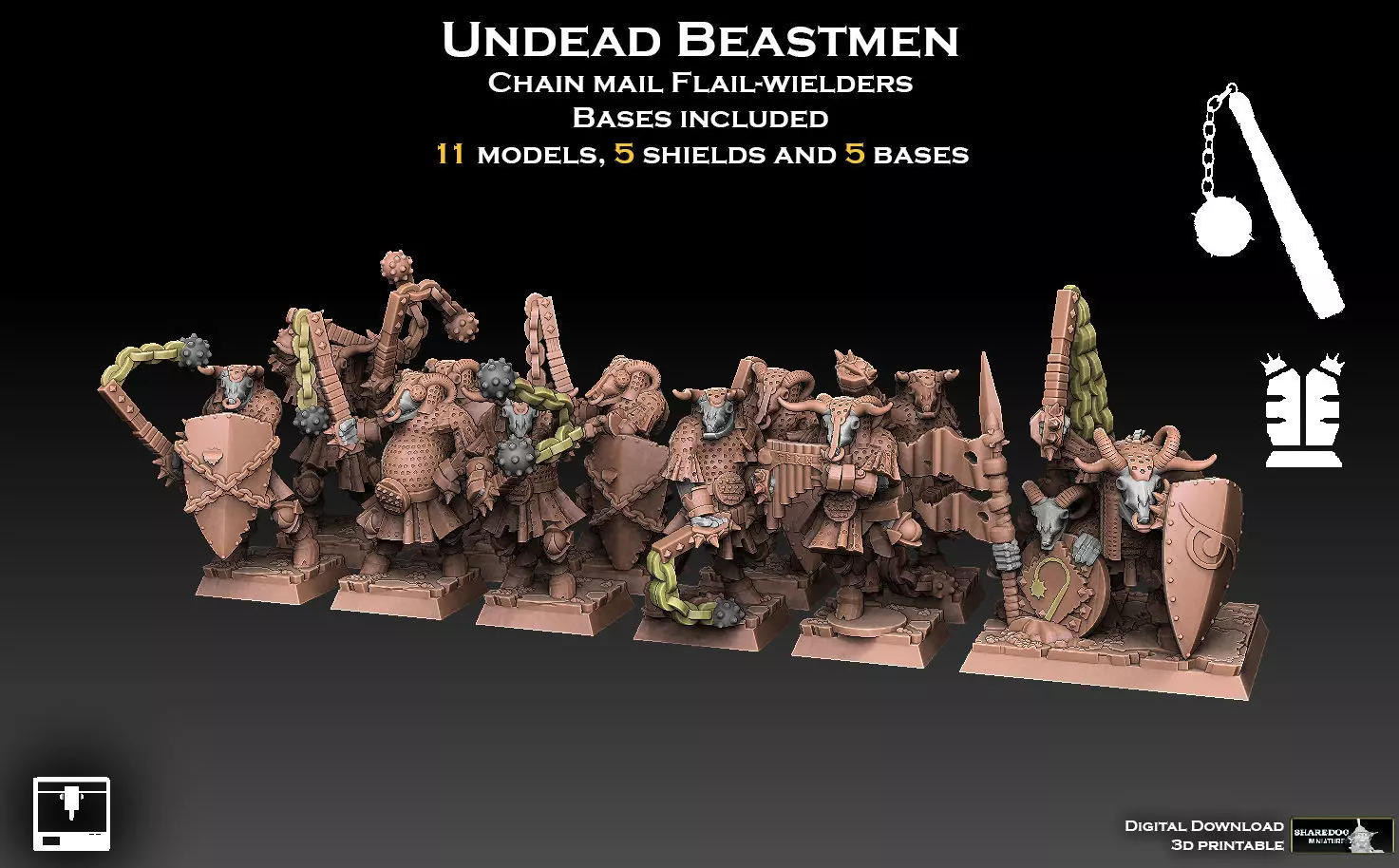 Undead Beastmen Chain Mail Flail Warriors 3D print model_0