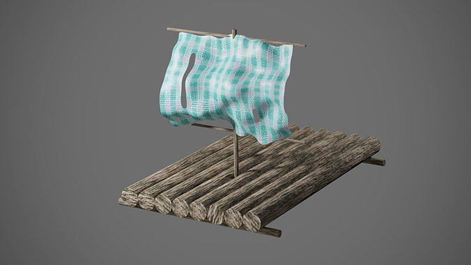 Wooden raft with torn cloth screen Low-poly 3D model
