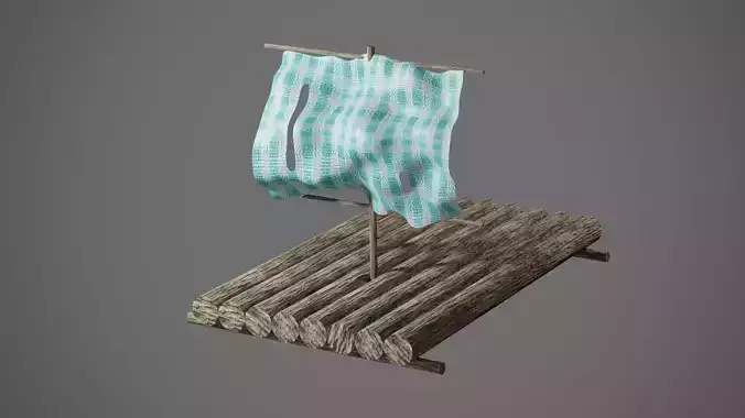 Wooden raft with torn cloth screen Low-poly 3D model