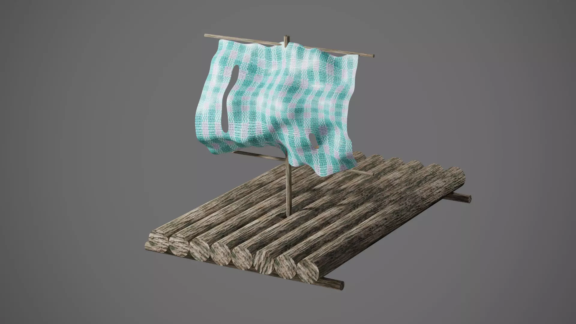Wooden raft with torn cloth screen Low-poly 3D model_0