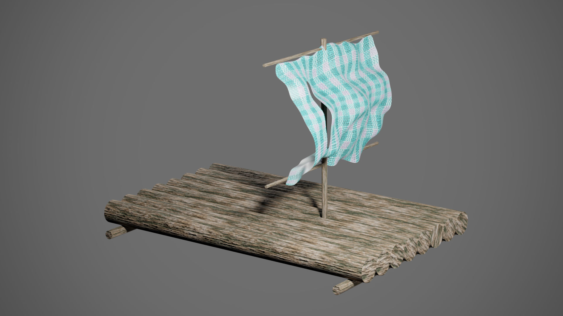 Wooden raft with torn cloth screen Low-poly 3D model_1