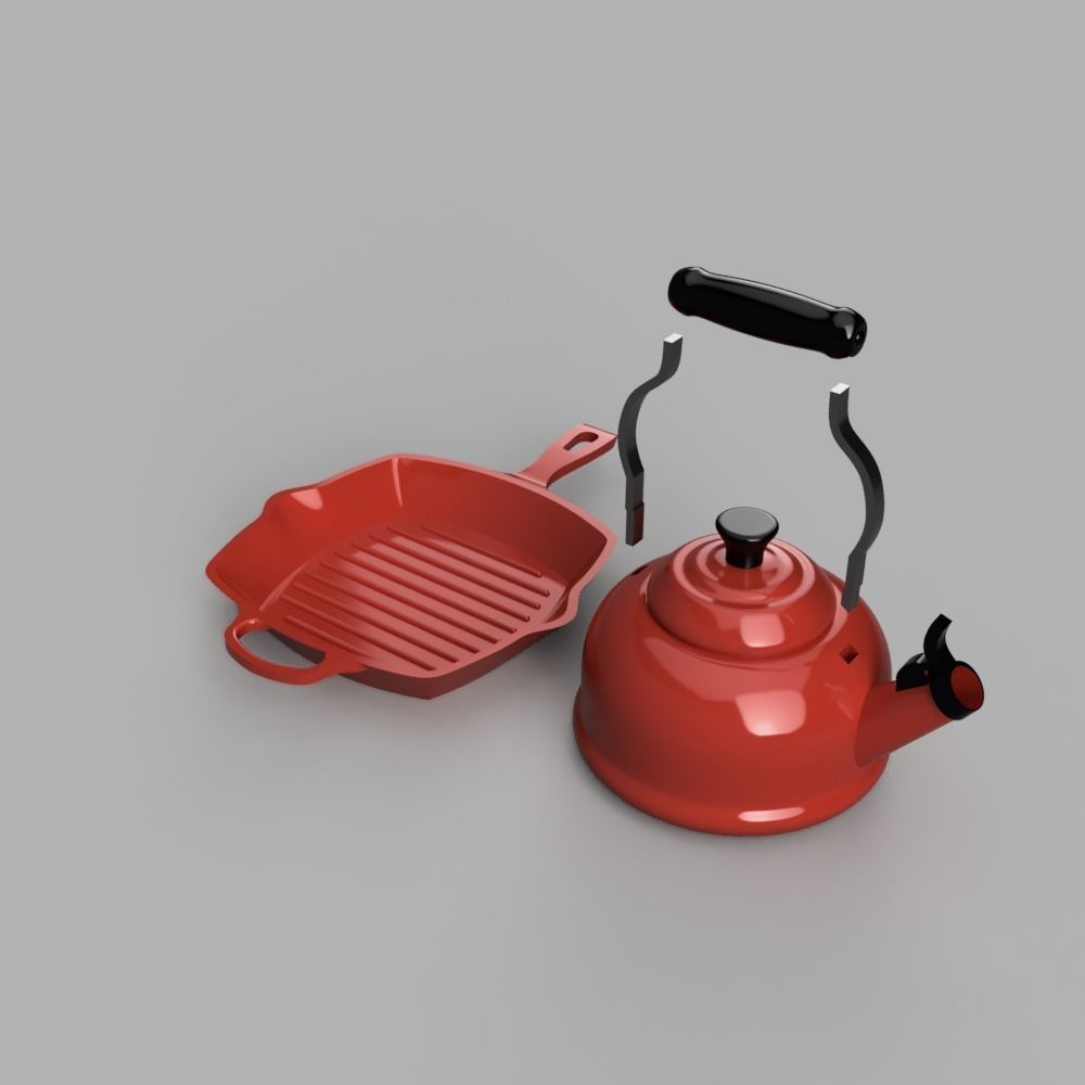 Le Creuset Square Skillet and Classic Demi Tea Kettle 3D print model_4