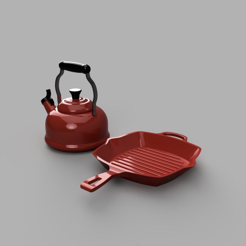 Le Creuset Square Skillet and Classic Demi Tea Kettle 3D print model_2